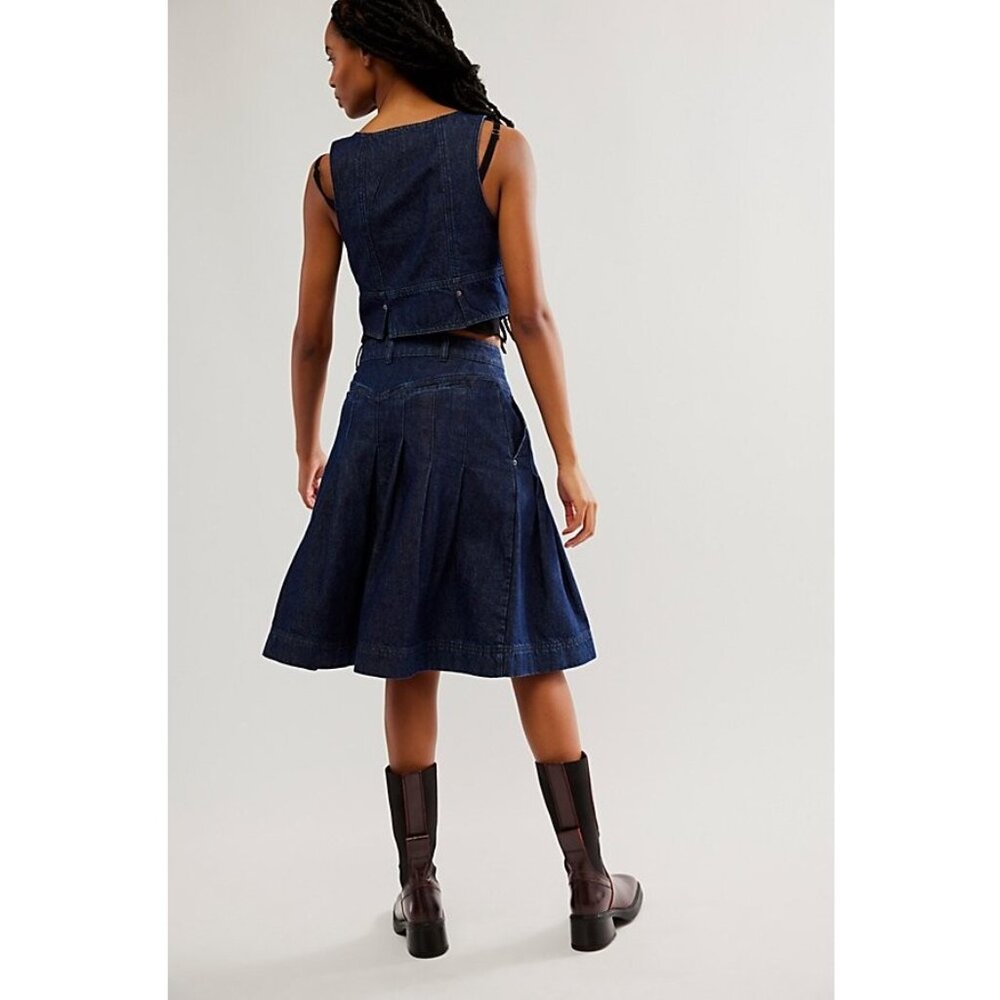 FREE PEOPLE Scout Denim Skirt Set Cropped Vest Top Dark Indigo Women's Size 4 6 - Picture 10 of 12